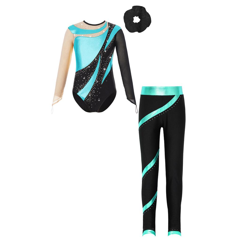 Set Dans Fete Strălucitor Pietre Strass Body Mânecă Lungă Decupaj la Spate Pantaloni Bandă Elastică în Talie și Bandă de Păr