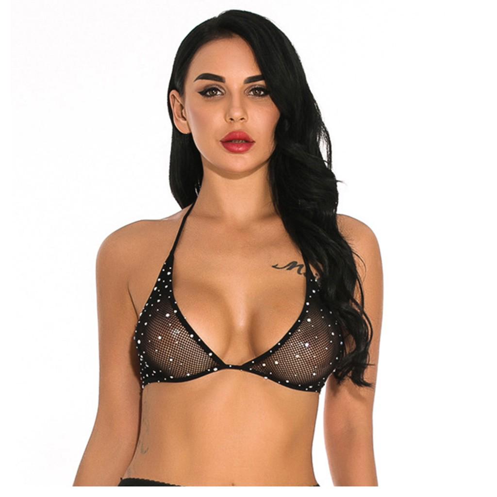 (Great home)Sexy Women Fishnet Lingerie Shiny Diamond Bandage Bra Underwear Sleepwear