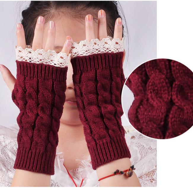 Women's Winter Knit Half-Finger Gloves with Pretty Lace Cuff