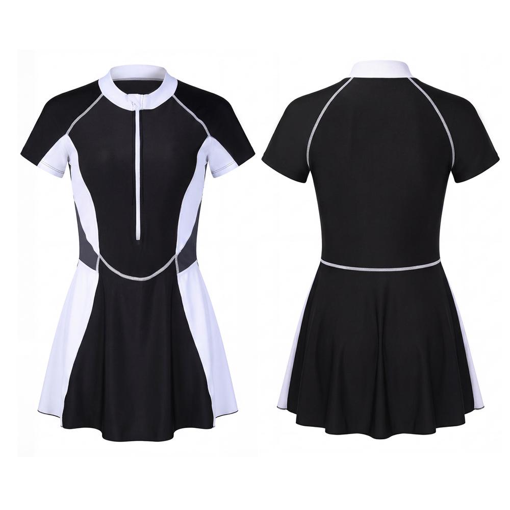 Costume da bagno a due pezzi con gonna, manica corta, cerniera e spacco, stile coreano, per donna, 2026