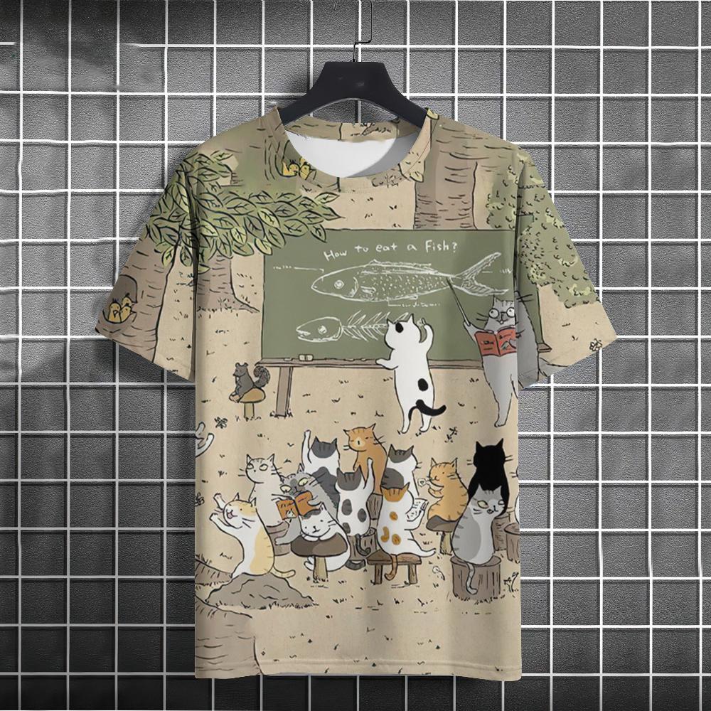 Summer Fun Cat 3D Printed T-shirt Fashion Men's Short Sleeve Trendy Top Hip Hop Harajuku Loose Round Neck Clothing