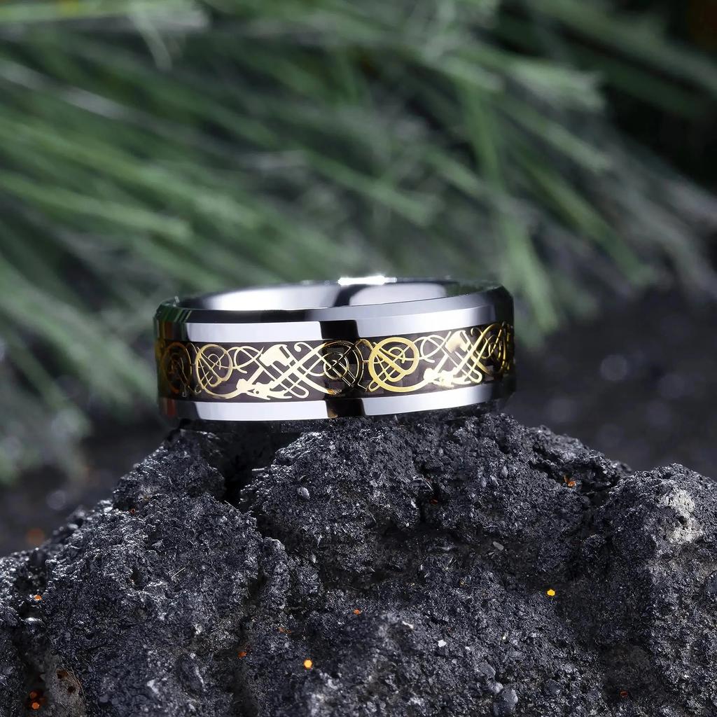 Fashion 8mm Men Copper Color Stainless Steel Celtic Dragon Rings Black Carbon Fiber Rings For Men Wedding Band Jewelry