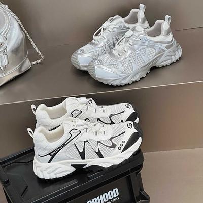 2025 nowe letnie buty na grubej podeszwie podwyższające siateczkowe oddychające codzienne buty sportowe damskie buty typu "dad shoes" skórzane wszechstronne