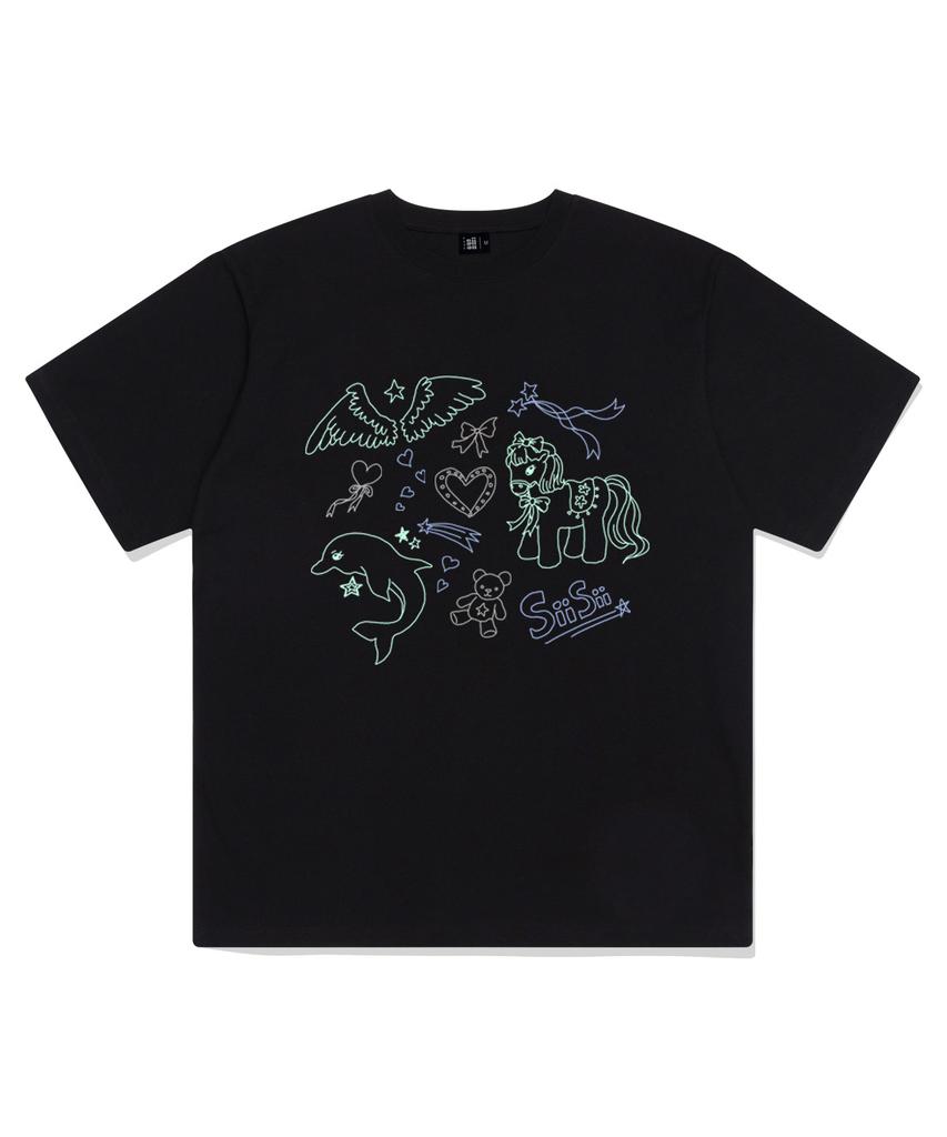 PAGESIISII Sisi Dreamy Drawing Print Short Sleeve T-Shirt Black