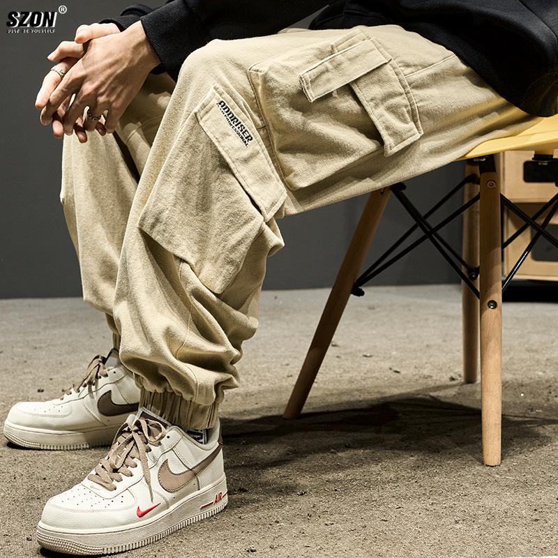 Men's American Trendy Multi-Pocket Loose Cargo Joggers - Military Green Parachute Pants, Casual Retro Style for Autumn.