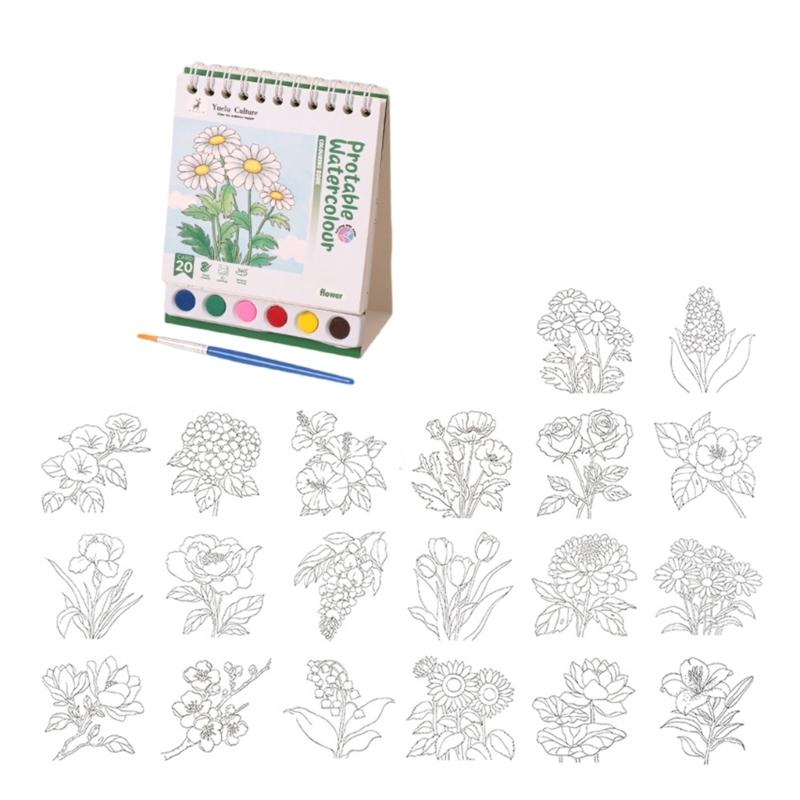 Kids Doodling Book with Watercolor Paint and Brush Twin Coil Binding Art Drawing Pad for Kid Beginner Outdoor Sketching