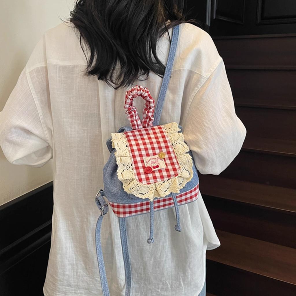 Sweet Lace Backpack Bag Women'S Fashion Trendy Denim Contrasting Color Plaid Schoolbag