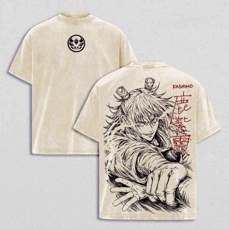 

Jujutsu Kaisen Anime T-shirt Vintage Washed Oversized T Shirt Men Women Clothing Summer Casual Short Sleeve Cotton Tees Tops XXL бежевий