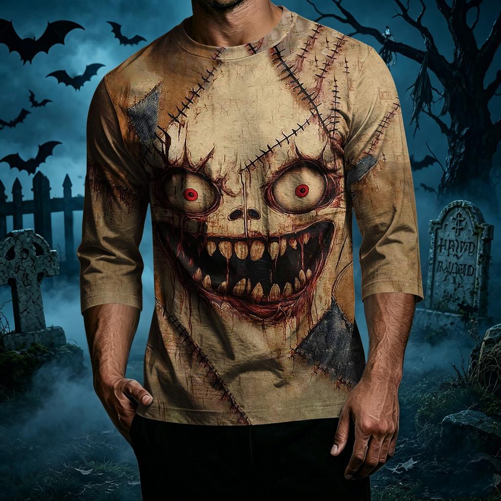 Men's Casual Halloween Print Crew Neck T Shirt Three Quarter Sleeve Top Comfortable Fit Lightweight Fabric Suitable for Everyday Wear