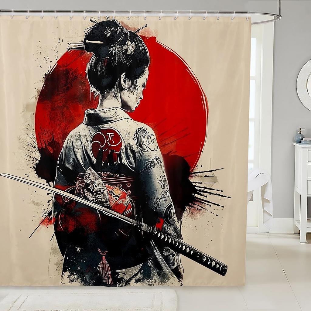 Kids Japanese Geisha Shower Curtain Boys Girls Cherry Blossoms Bathroom Shower Curtain Set Japanese Style Bath Curtain