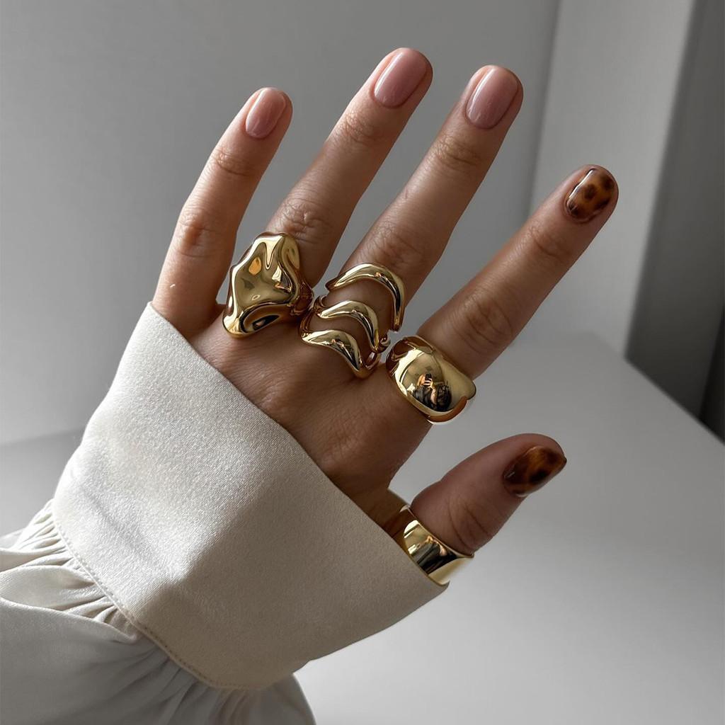 Vintage Geometric Zinc Alloy Ring Set With Fluid Lava Lines For Women Autumn