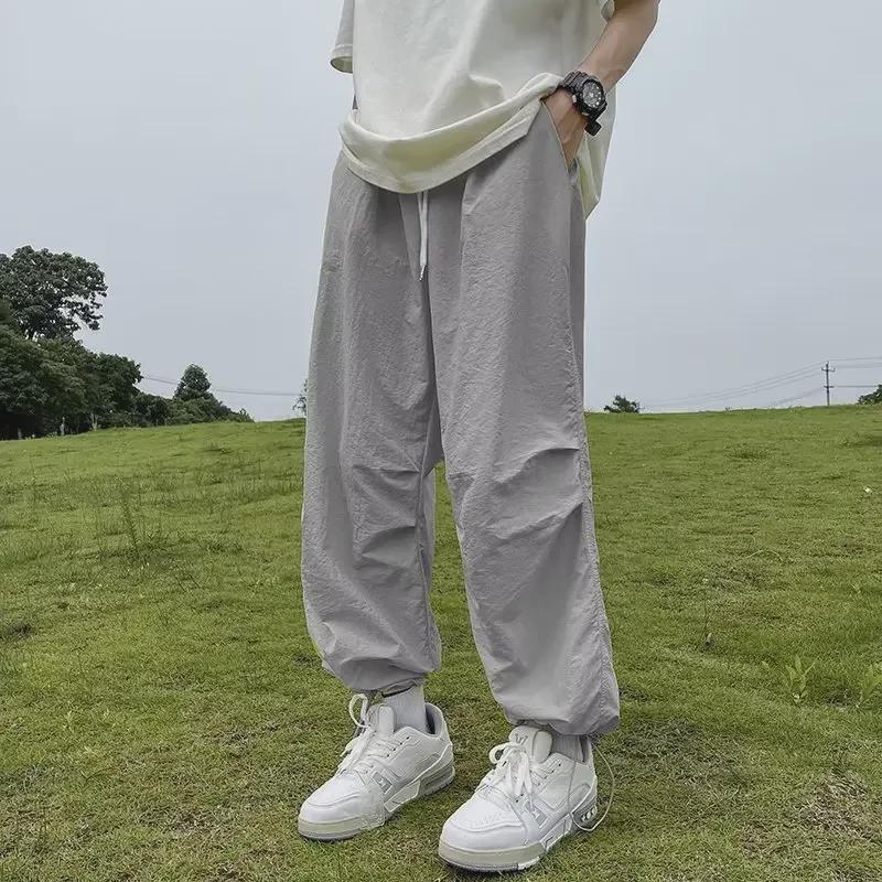 Men's Oversized Fluorescent Green Quick-Dry Wide-Leg Paratrooper Pants - Trendy Summer Style