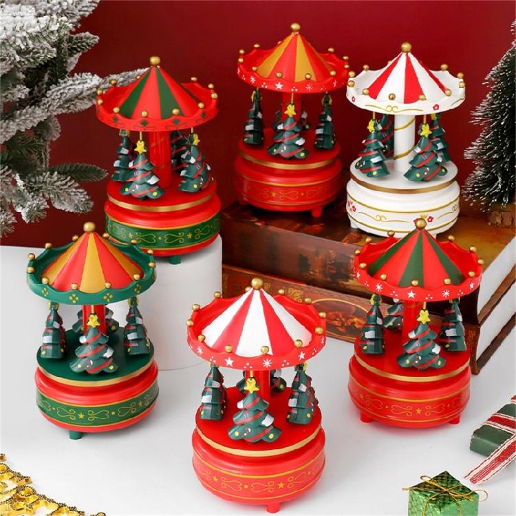 Artistic Christmas Tree Themed Rotating Music Box Wood Hand Cranked Musical Ornament For Holiday Seasonal Atmospheres