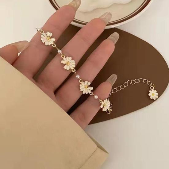 Damen-Armband, kleine Kunstperle, goldene Verlängerungskette, elegantes Temperament, Legierung, weiße Blumen, Charme, Damen-Armreif, Modeschmuck