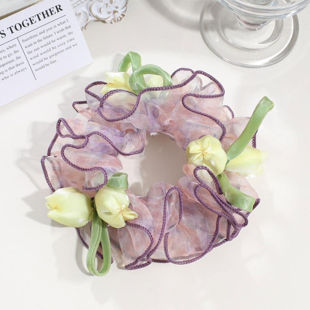 Sweet Cute Floral Mesh Scrunchie Sweet Dot Mesh Ponytail Hair Accessories Daily Styling Color-4