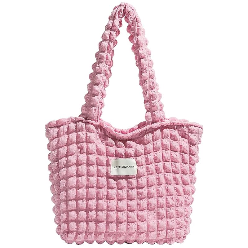 

[Roiyezo] tote bag ladies popcorn bag Fluffy shoulder bag Shoulder bag handbag A4 large capacity eco bag Plain color waffle lightweight handbag cute