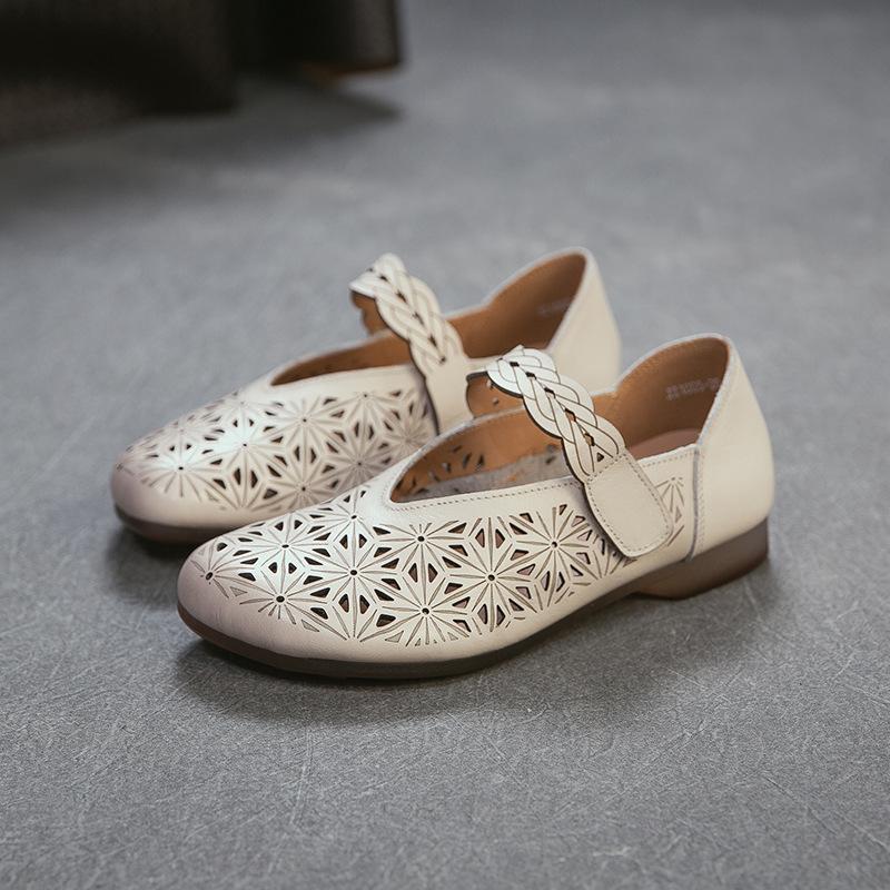 

2026 Summer New Roman Style Hollow Out Sandals Women Genuine Leather Velcro Strap Flat Mules Comfortable Casual Shoes 41 бежевий