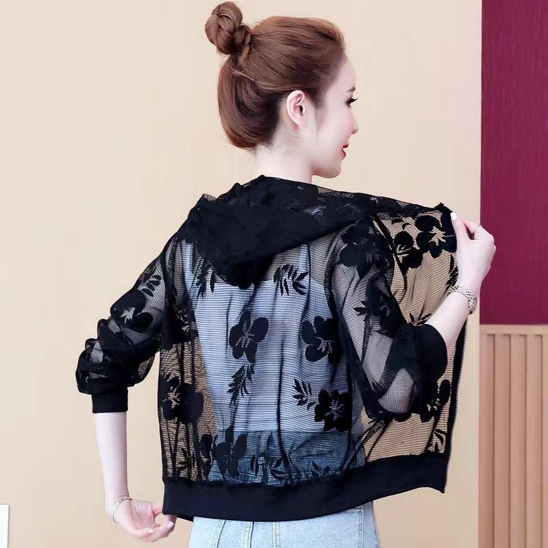 

Летняя кружевная тонкая короткая с капюшоном солнцезащитная одежда женская свободная кардиган с длинными рукавами на молнии солнцезащитная рубашка 6XL чёрный