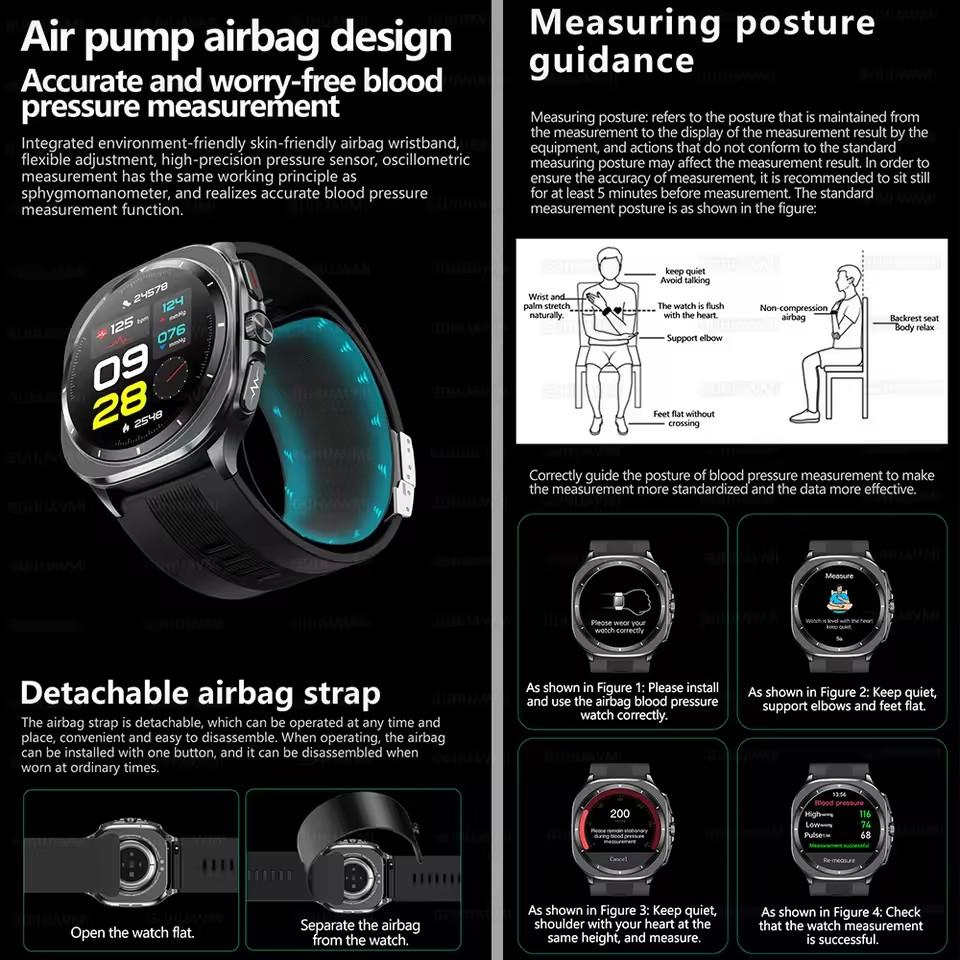 2026 Bomba de Aire Nueva Airbag Medición Precisa Reloj Inteligente Hombre Micro Examen Físico Presión Arterial Deporte SmartWatch