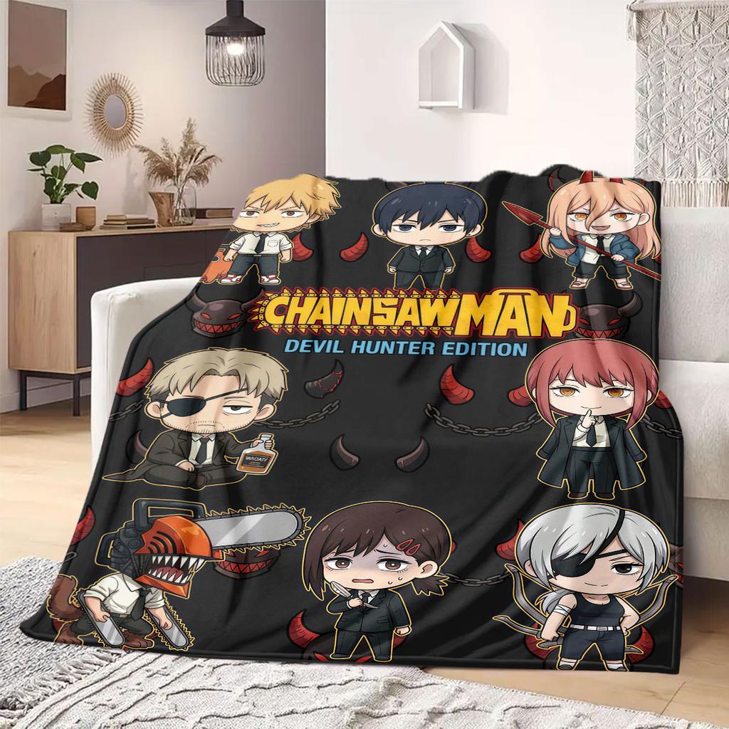 Chainsaw Man Pure 2D Cartoon Flannel Blanket, Print Graphics for Sofa, Soft Bedding for Travel Picnic Rug_LIAN