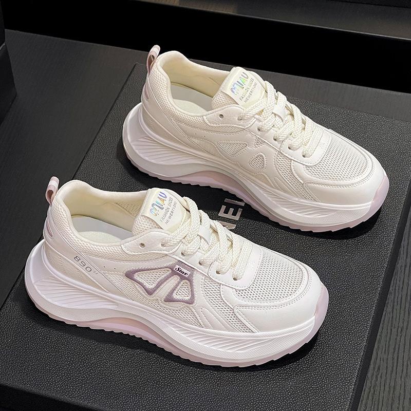 Leather dad shoes women's summer new fried street sports and leisure shoes thick sole heightening single net breathable running shoes