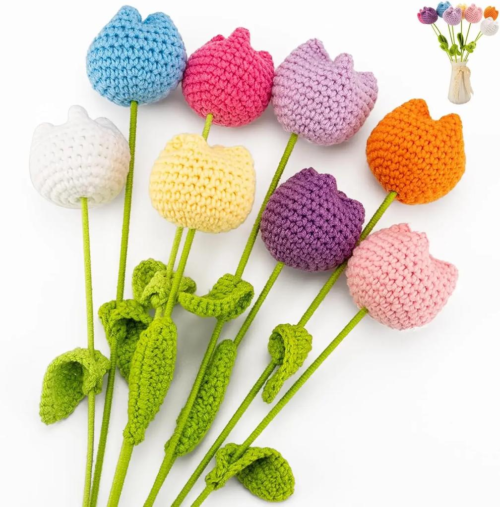Knitting Crochet Chubby Tulip Artificial Flowers Bouquet Home Room Decor Wedding Table Decoration Accessories Mother's Day Gift