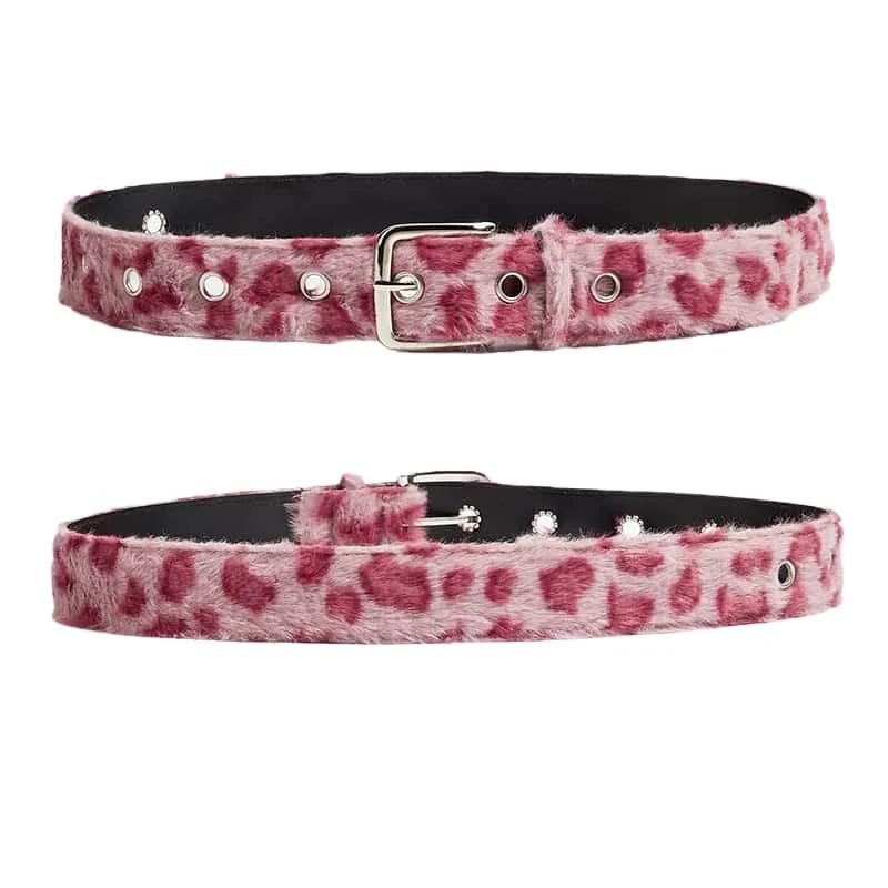 Pink Leopard Print Plush Belt Personality Fashionable and Versatile Wide-width Light Luxury and Comfortable Furry Belt for Girls