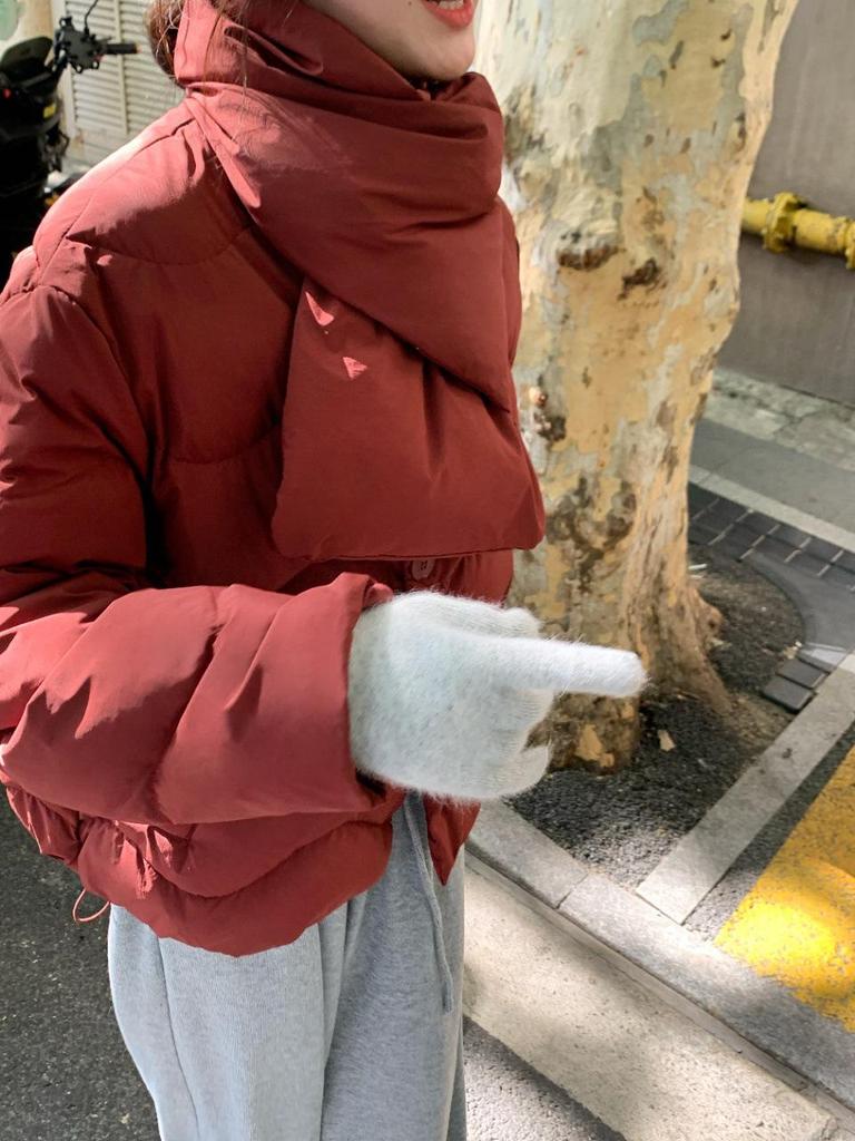 Women's Winter 2025 Scarf Collar Apple Button Down Jacket - Short Style, Sweet Petite White Duck Down Coat