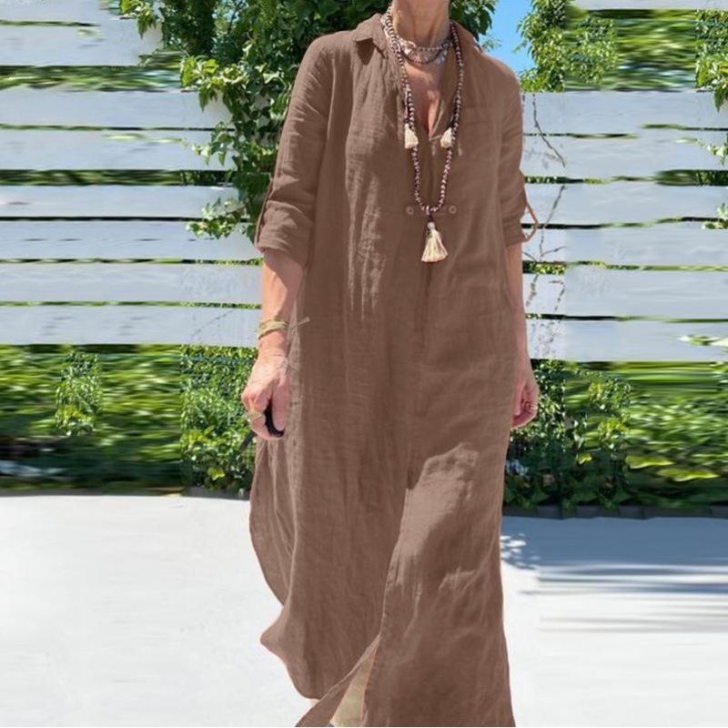 Women s V Neck Long Sleeve Loose Fit Mid Waist Casual Solid Maxi Shirt Dress S