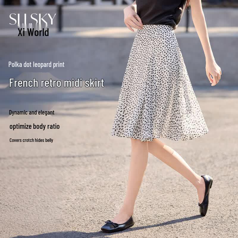 French Retro Polka Dot Chiffon A-Line Midi Skirt S