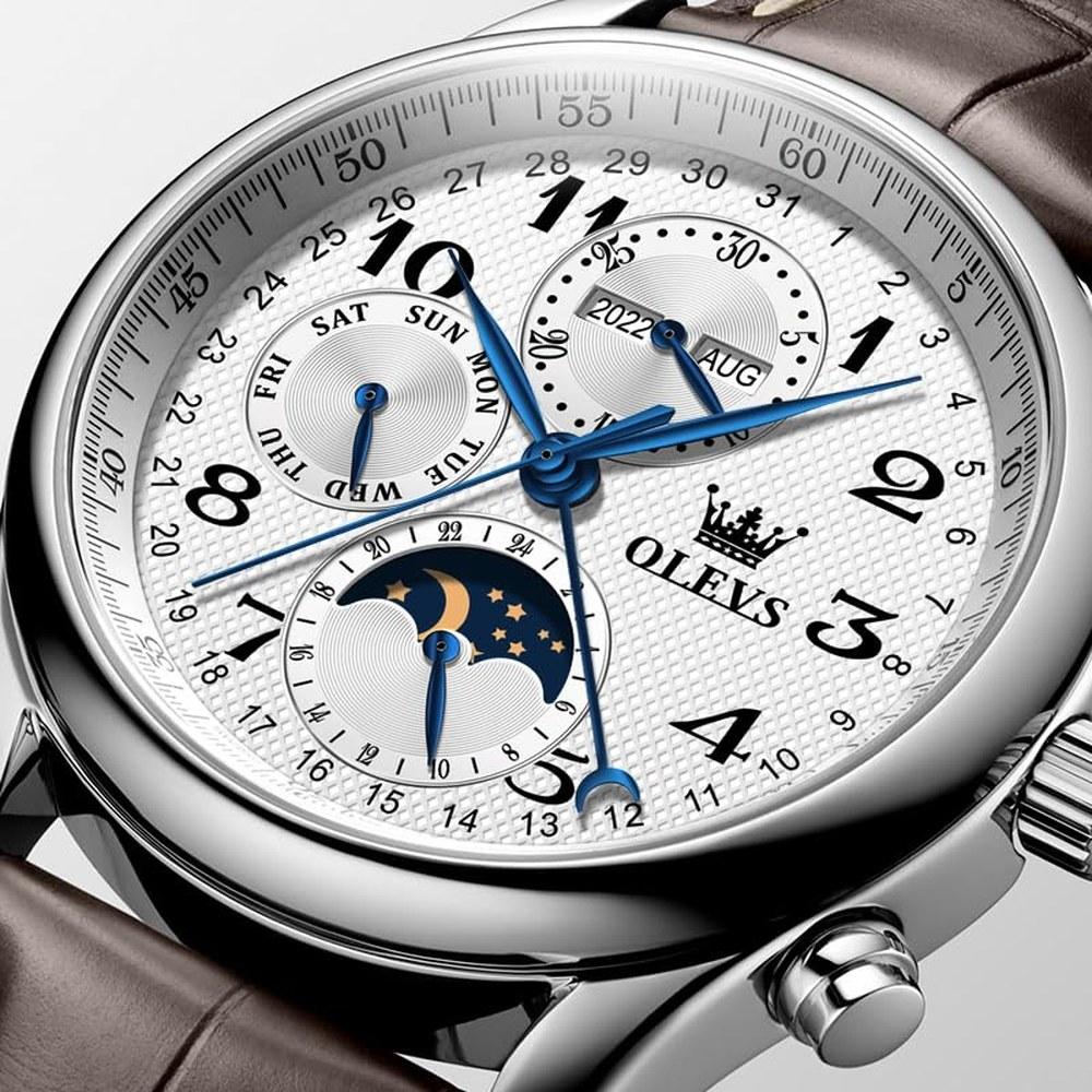 OLEVS Automatic Men's Wristwatch Multi-Calendar Moon Phase 3 ATM Water Resistant Business Classic Luxury White