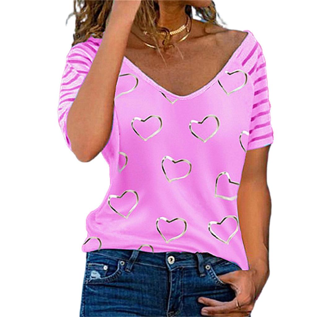 Ladies' top, short-sleeved, heart-shaped printed V-neck