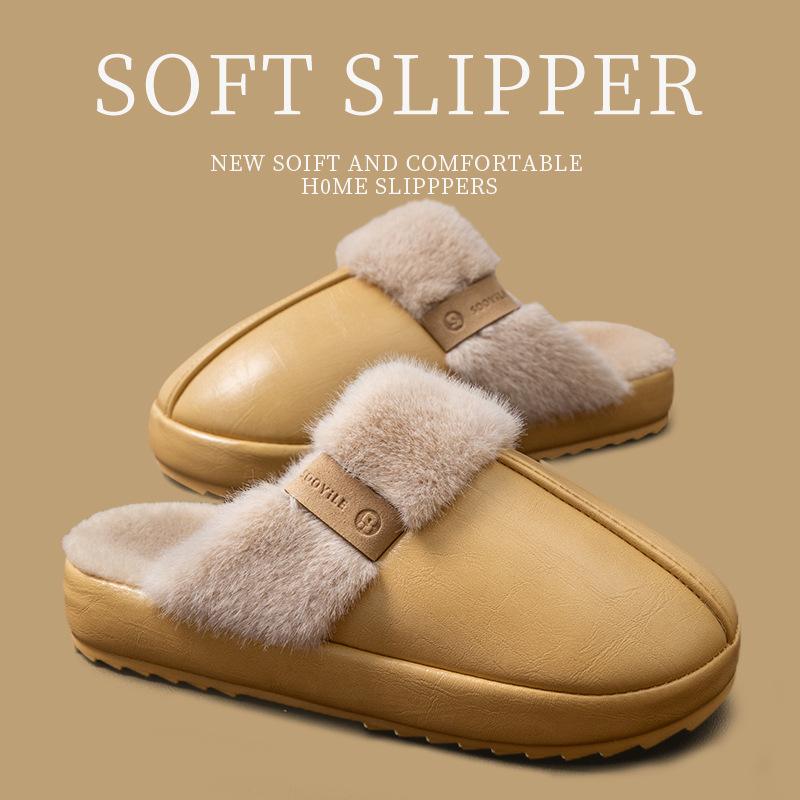 Waterproof cotton slippers autumn and winter 2025 new home warm thick bottom PU leather surface antibacterial cotton slippers