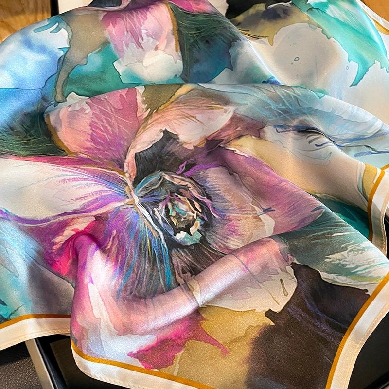 Autumn/Winter New Oil Painting Silk Square Scarf for Women Floral Printed Mulberry Silk Hairband Neckerchief for Women