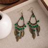 Vintage Bohemian Ethnic Style Earrings Long Green Leaf Beaded Fringed Stud Earrings Niche High-End Earrings