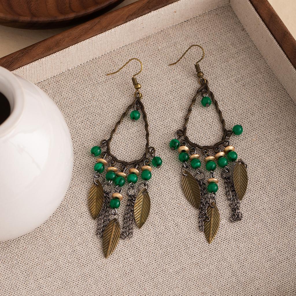 Vintage Bohemian Ethnic Style Earrings Long Green Leaf Beaded Fringed Stud Earrings Niche High-End Earrings