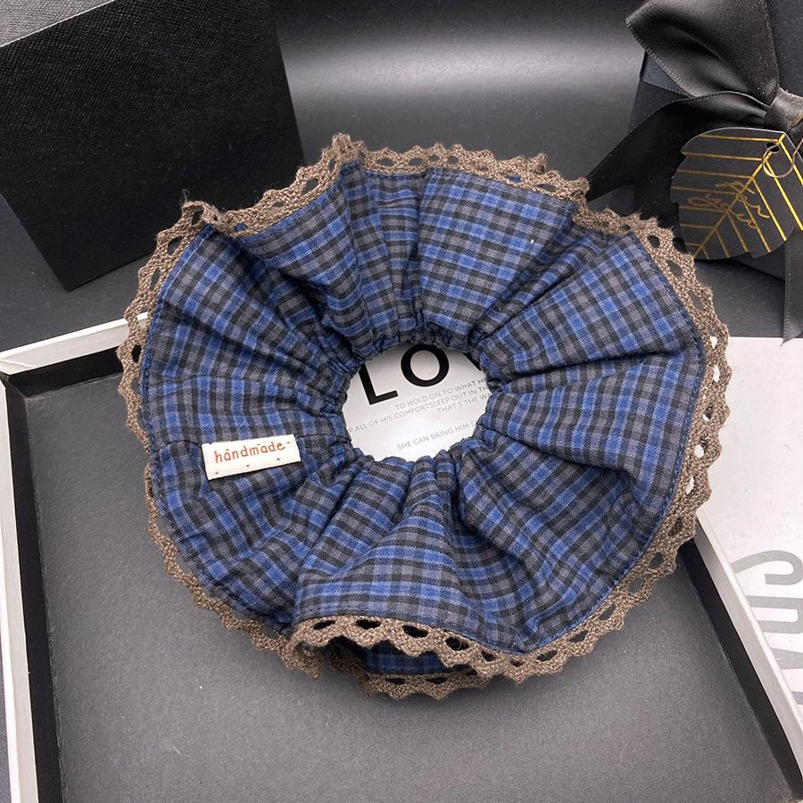 Korean Lace Trim Plaid Pleated Hair Tie - Blue Coffee, Double Layered Hair Accessory