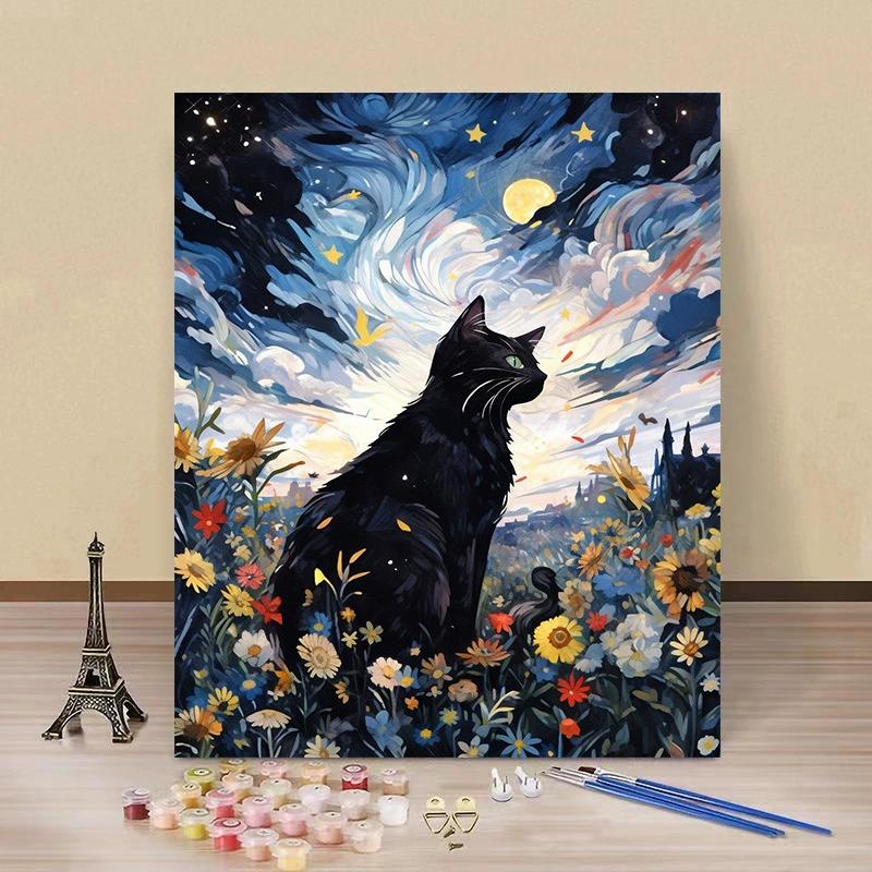 Paint By Numbers Kit For Adults Beginner Black Cat Acrylic Starry Sky Oil Paint Canvas With Brushes Paintwork Art Crafts V3Z5