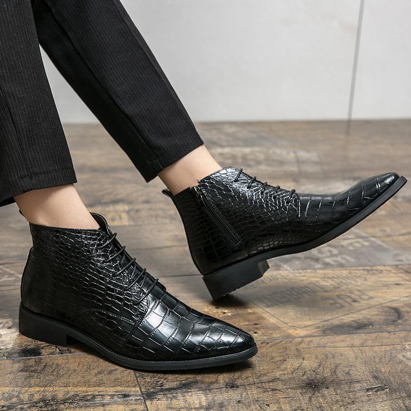 Men's Shoes Large Size New Leather Boots Fashion High Top Leather Boots Trend Crocodile Pattern Business Dress Martin Boots