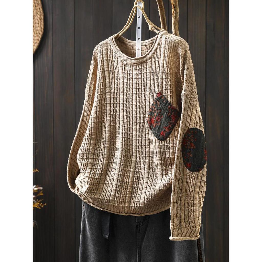 Pull en Tricot de Coton Patch pour Femmes Ample Paresseux Grande Taille Couvrant la Chair Printemps et Automne Rétro Décontracté Col Rond Haut à Manches Longues