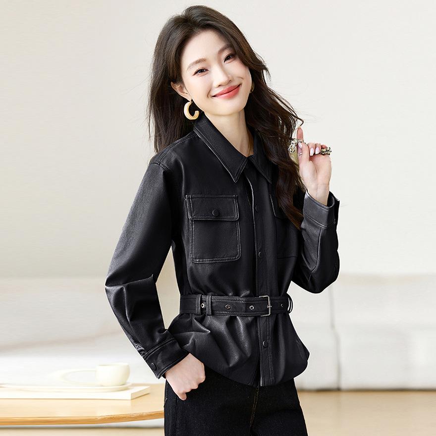 

Женская кожаная куртка весна новая маленькая популярная взрывная дизайнерская темпераментная приталенная короткая куртка 2XL чёрный