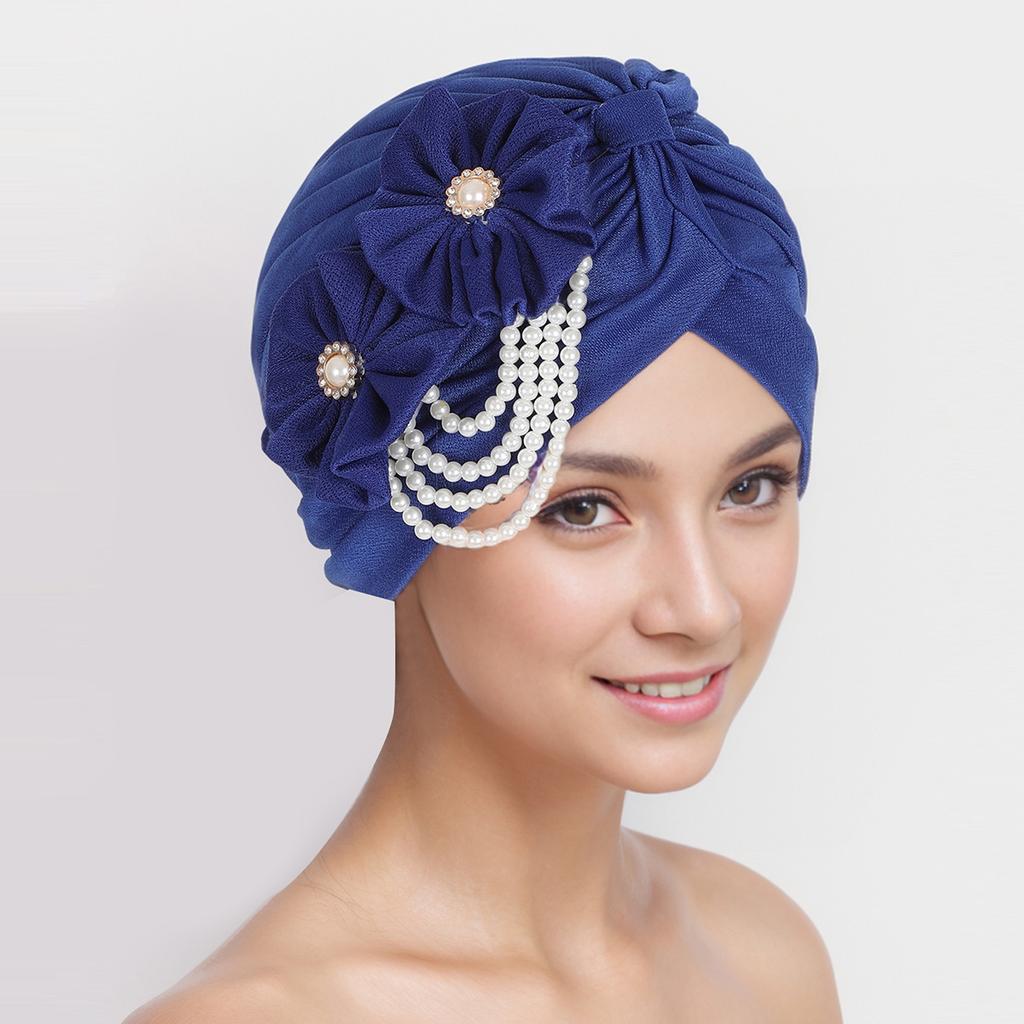 Pearls Beading Turban Cap for Women Flower Design Female Head Wraps Muslim Headscarf Bonnet Hairloss Hat Cover