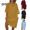 Lockeres Hemdkleid aus Baumwollleinen für Damen, lässiges Midikleid mit 1/2-Ärmeln und Rundhalsausschnitt, Sommerurlaub, Strand, Sommerkleid