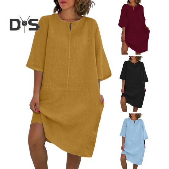 Lockeres Hemdkleid aus Baumwollleinen für Damen, lässiges Midikleid mit 1/2-Ärmeln und Rundhalsausschnitt, Sommerurlaub, Strand, Sommerkleid