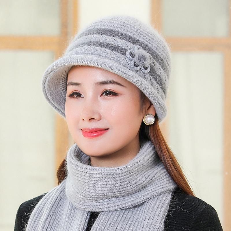 Pălărie de mamă în vârstă de vârstă mijlocie cu temperament de toamnă iarnă, la modă, pălărie simplă de blană de iepure, cu kit de eșarfă groasă de catifea