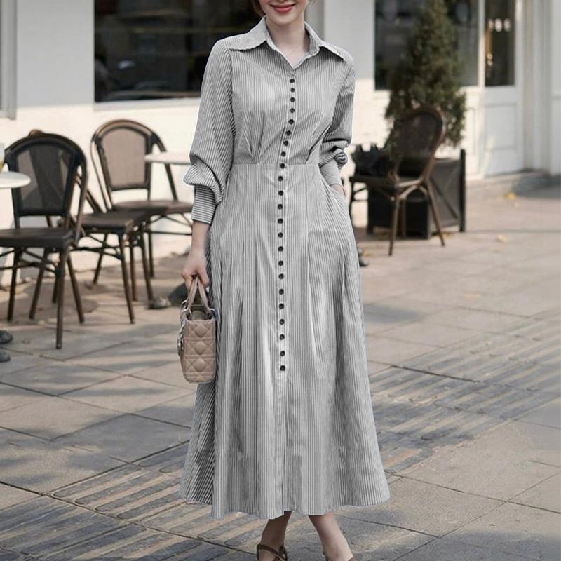 

ZANZEA Женское повседневное платье в полоску с отложным воротником, свободного кроя, с длинными рукавами L чёрный