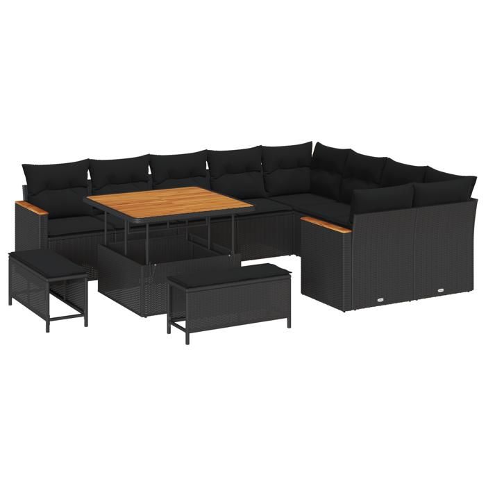 Ensemble de 12 pièces de canapés de jardin avec coussins noir poly rattan acacia 3363074