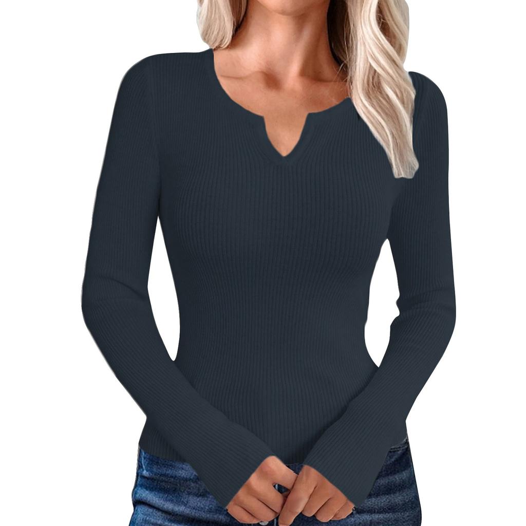 Women's Casual Solid Color V Neck Slim Button Knit Sweater Long Sleeved Base Sweater Sweater