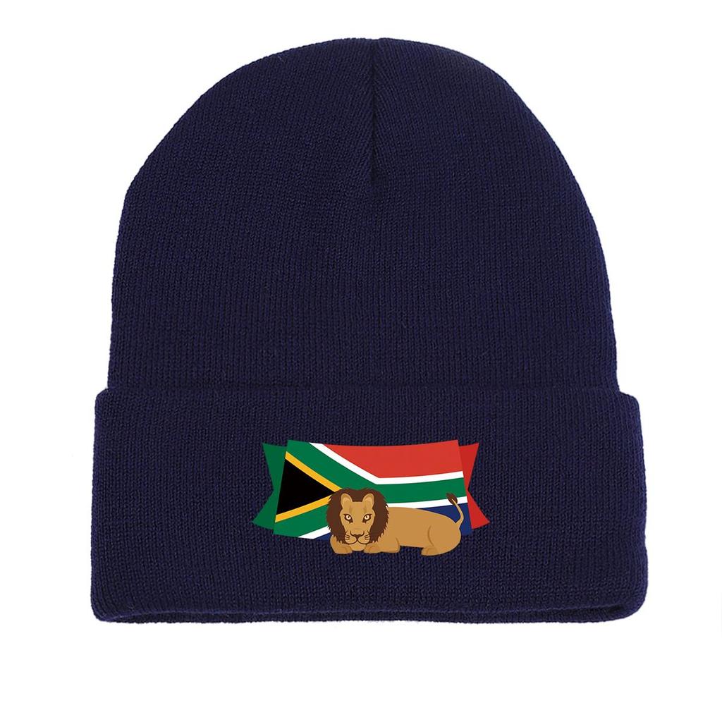 South Africa Flag Lion Warm Knit Cap Beanie, Patriotic Woman Cap Warm Thermal Solid Bonnet Knit Hat Beanie