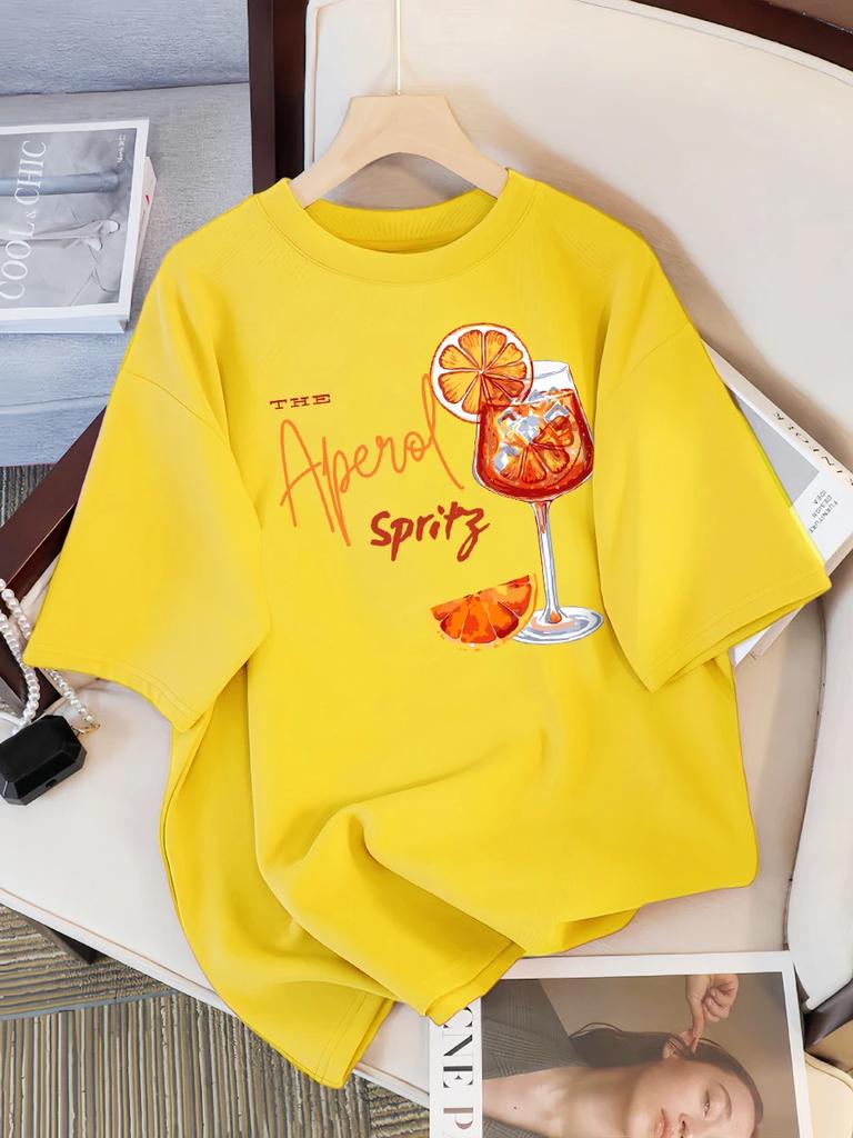 Lemon Red Wine Printed Women Short Sleeve Round Neck T-shirt for Women Y2K Top New Fashion Comfortable Summer Women Clothes